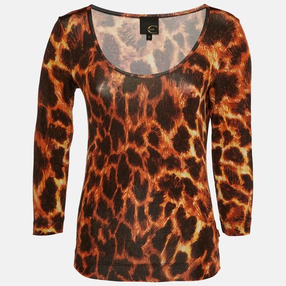 Just Cavalli Orange/brown Animal Print Jersey Boat Neck Top M